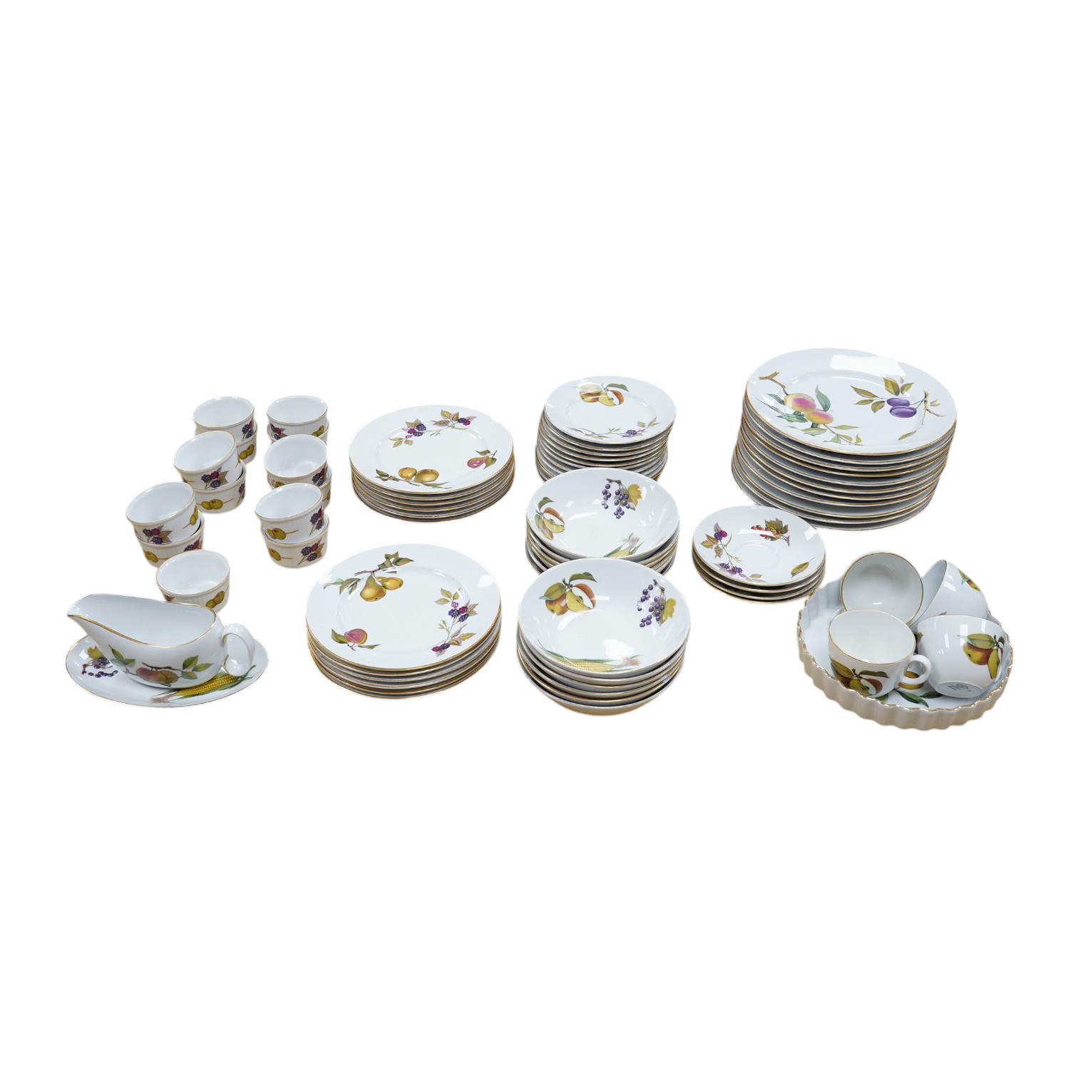 A Royal Worcester Evesham pattern dinnerware to include dinner plates, soup bowls and ramekins, largest 25cm in diameter. Condition - mostly good